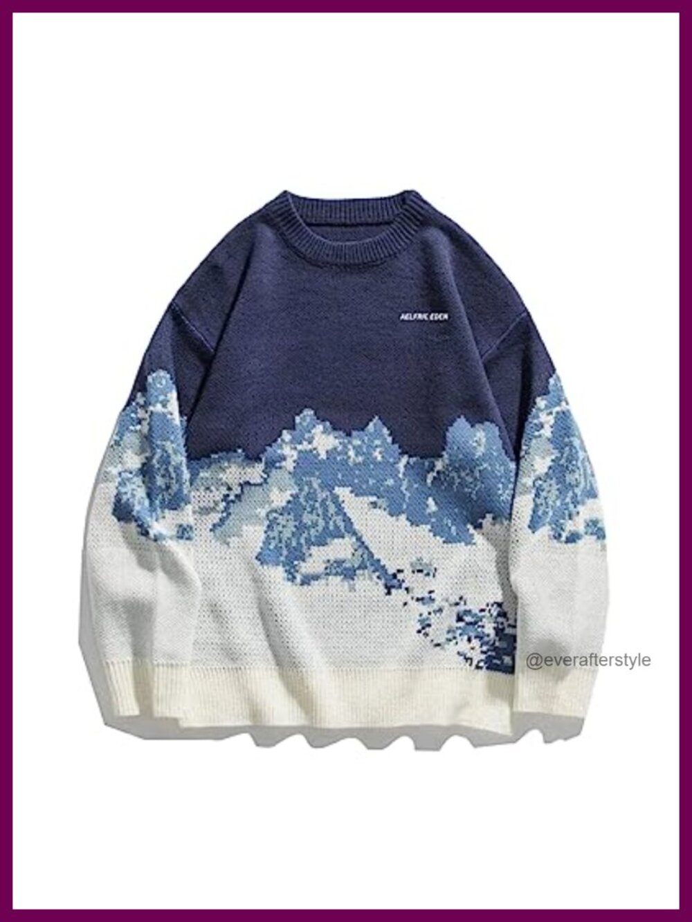 Oversized Knitted Snow Mountain Pullover Sweater Crew Neck Long Sleeve